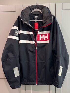 Helly Hansen Pier 4.0 Black Jacket with White Stripes and Red Accents and hood